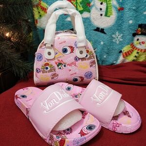 Von Dutch Pink Graphic Slides and Bag